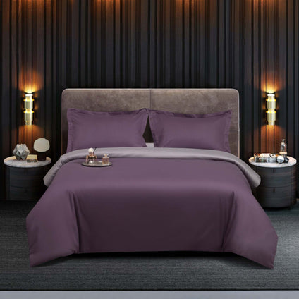 Aulaire 40s 3-piece Duvet Cover and Pillowcase Set. Cotton Twill. Purple top with light grey underside.