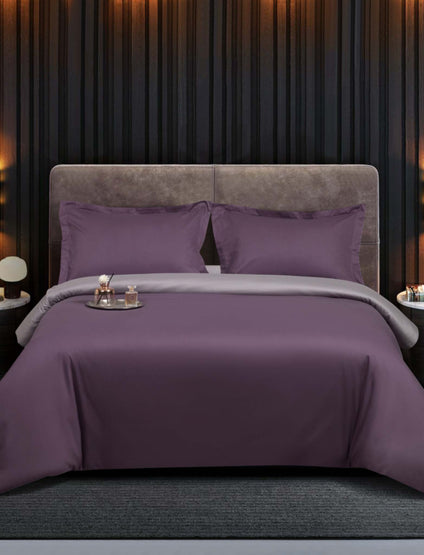 Aulaire 40s 3-piece Duvet Cover and Pillowcase Set. Cotton Twill. Purple top with light grey underside.