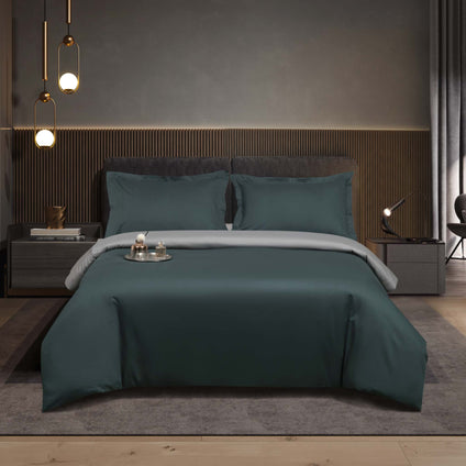 Aulaire 40s 3-piece Duvet Cover and Pillowcase Set. Cotton Twill. Sea green top with light grey underside.