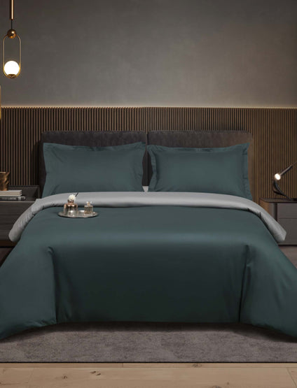 Aulaire 40s 3-piece Duvet Cover and Pillowcase Set. Cotton Twill. Sea green top with light grey underside.