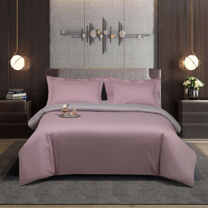 Aulaire 40s 3-piece Duvet Cover and Pillowcase Set. Cotton Twill. Lavender pink top with light grey underside.