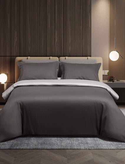 Aulaire 40s 3-piece Duvet Cover and Pillowcase Set. Cotton Twill. Dark grey top with light grey underside.