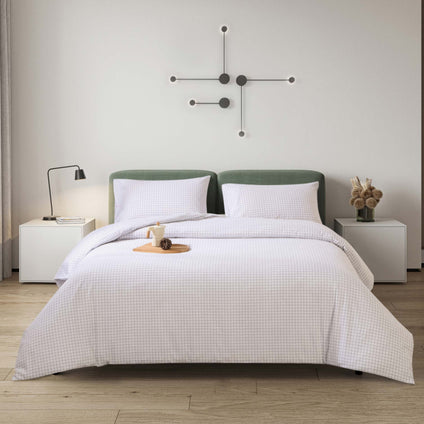 Aulaire 32s 3-piece Duvet Cover and Pillowcase Set. Washed Cotton. White with black grid.