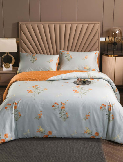 Aulaire 100s 3-piece Duvet Cover and Pillowcase Set. Deluxe Printed Cotton. Pale blue fabric with orange flowers.