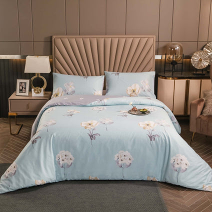 Aulaire 100s 3-piece Duvet Cover and Pillowcase Set. Deluxe Printed Cotton. Pale blue fabric with white flowers.