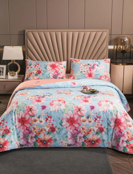 Aulaire 100s 3-piece Duvet Cover and Pillowcase Set. Deluxe Printed Cotton. Sky blue fabric with pink flowers.